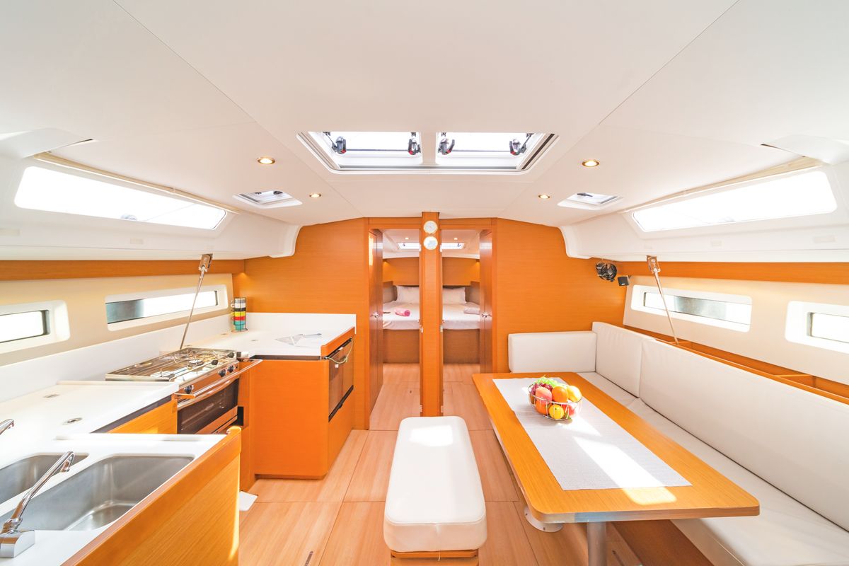 Galley of Goldfish, a Jeanneau Sun Odyssey 490 sailboat at Kos, Greece