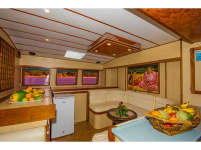 Salon of Le Gauguin, a Gulet Mojito 78  catamaran at Eden Island Marina, Seychelles
