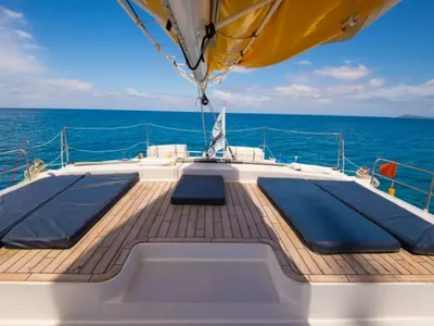 Deck of Le Gauguin, a Gulet Mojito 78 catamaran at Eden Island Marina, Seychelles