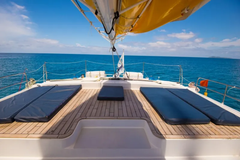 Deck of Le Gauguin, a Gulet Mojito 78  catamaran at Eden Island Marina, Seychelles