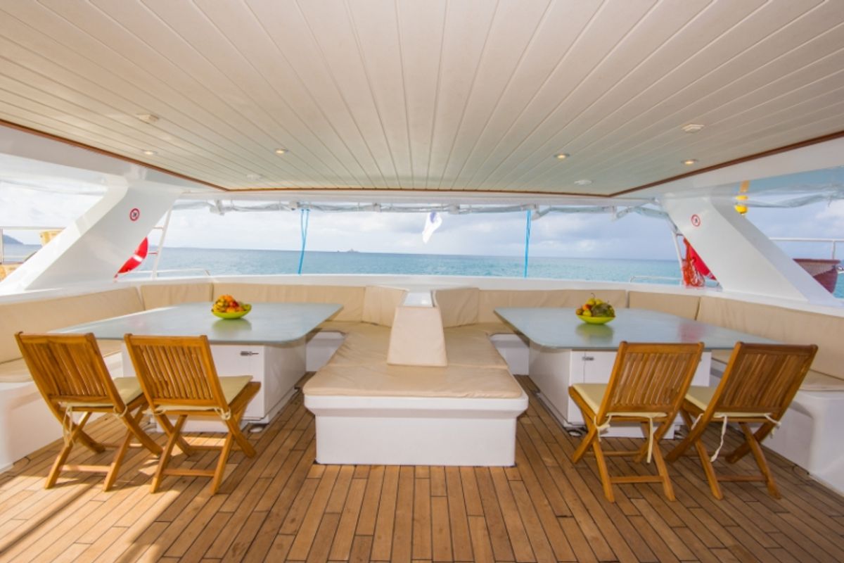 Deck of Le Gauguin, a Gulet Mojito 78 catamaran at Eden Island Marina, Seychelles