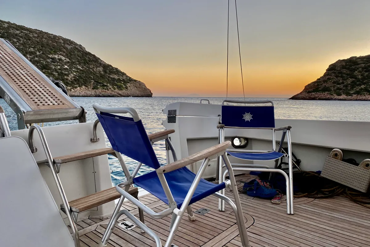 Deck of Tipejyas, a Gulet Hatteras 50 Convertible motorboat at Livadi, Greece