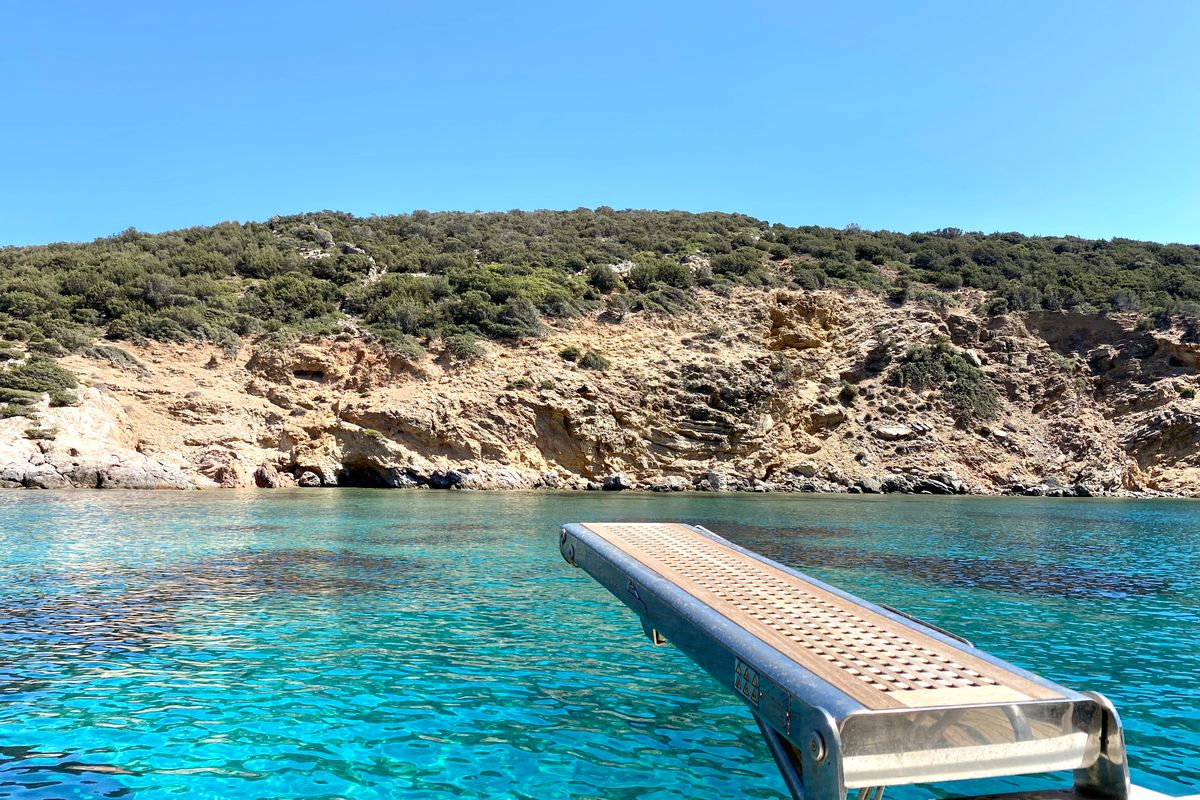 Deck of Tipejyas, a Gulet Hatteras 50 Convertible motorboat at Livadi, Greece