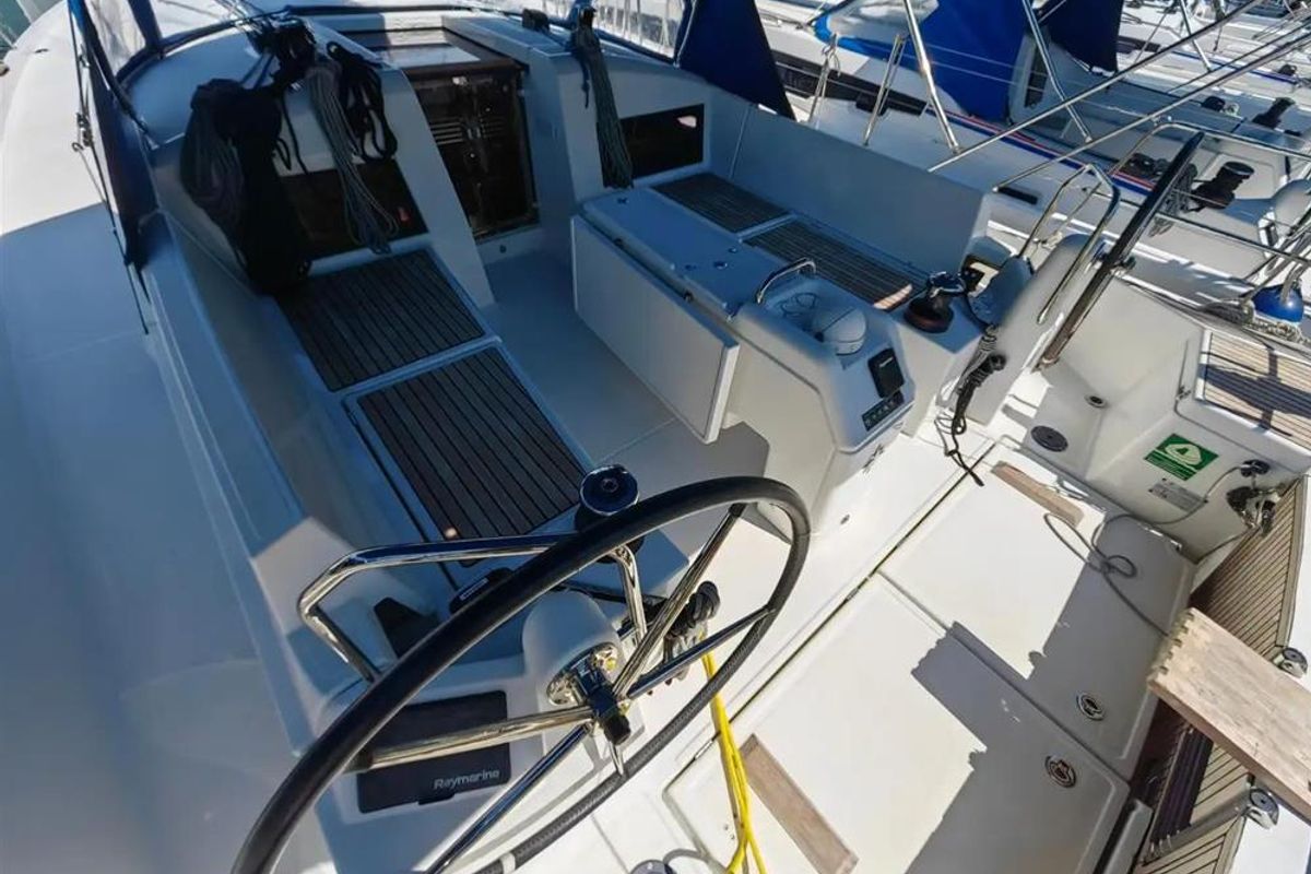 Cockpit of Negroni, a Jeanneau Sun Odyssey 440 sailboat at Athens, Greece