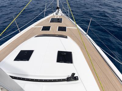 Deck of Bigi, a Dufour 41 sailboat at U Pàize/Carloforte, Italy