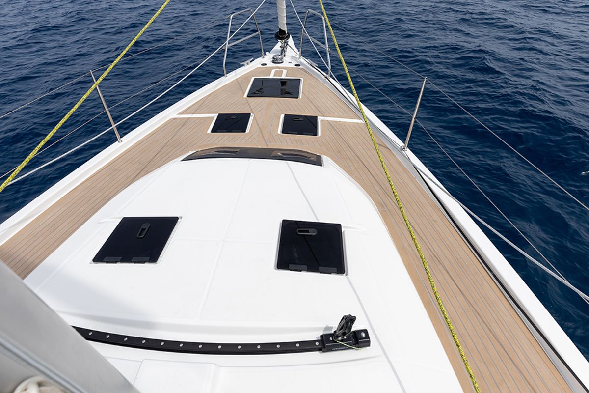 Deck of Bigi, a Dufour 41 sailboat at U Pàize/Carloforte, Italy