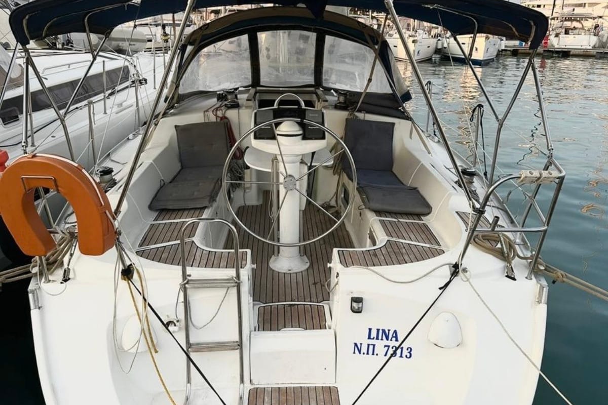 Cockpit of Lina, a Jeanneau Sun Odyssey 37 sailboat at Gouvia, Greece
