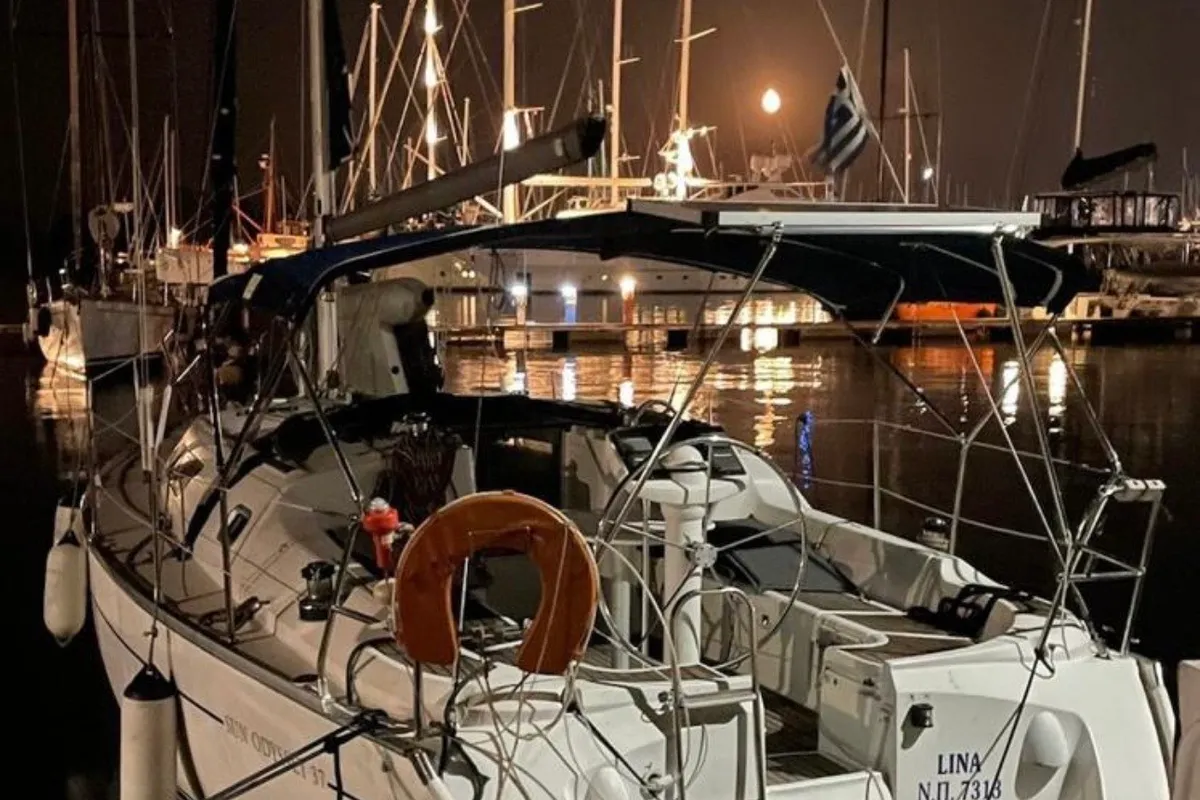Exterior view of Lina, a Jeanneau Sun Odyssey 37 sailboat at Gouvia, Greece