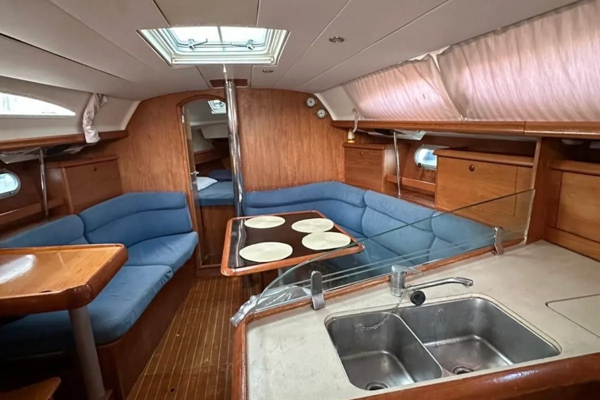 Salon of Lina, a Jeanneau Sun Odyssey 37 sailboat at Gouvia, Greece
