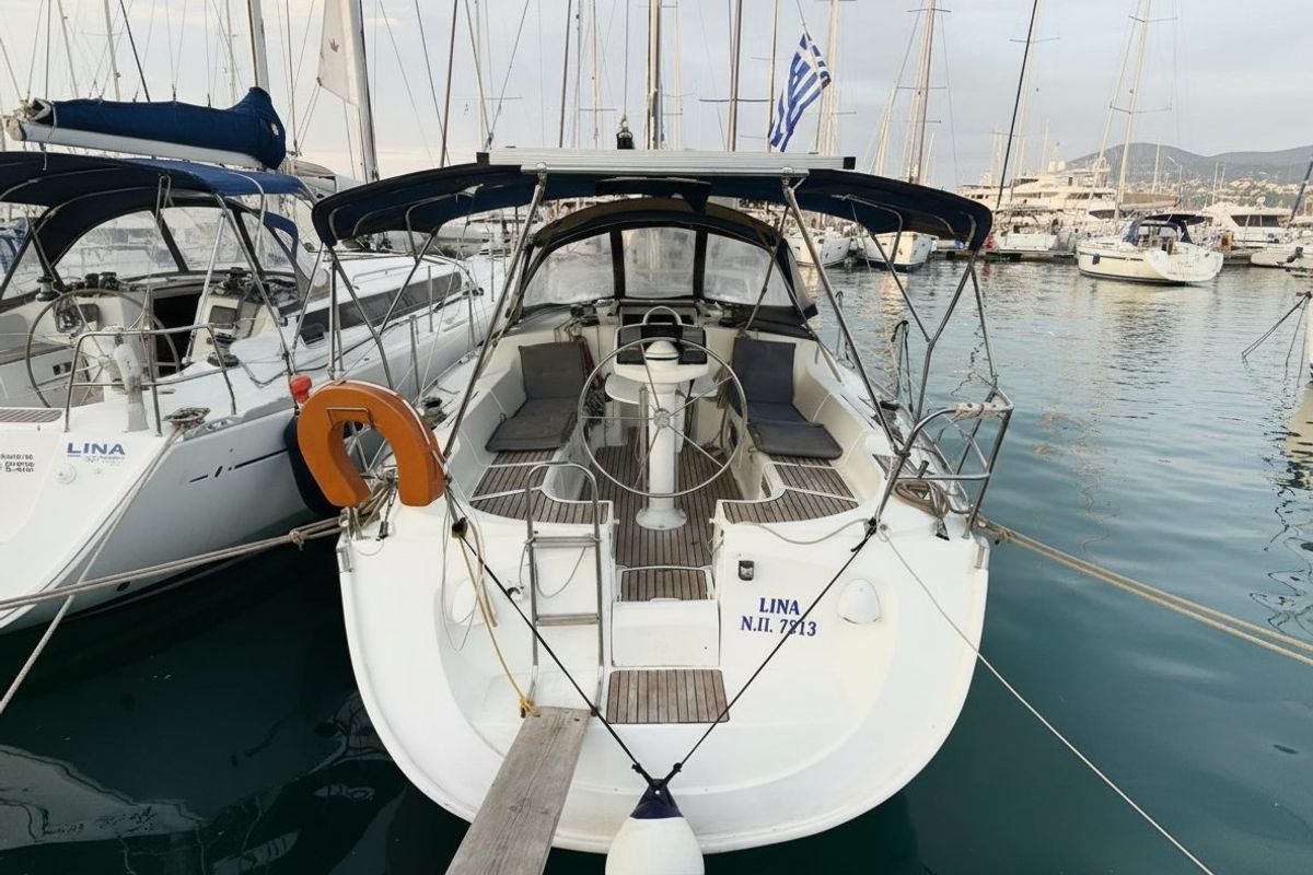 Exterior view of Lina, a Jeanneau Sun Odyssey 37 sailboat at Gouvia, Greece