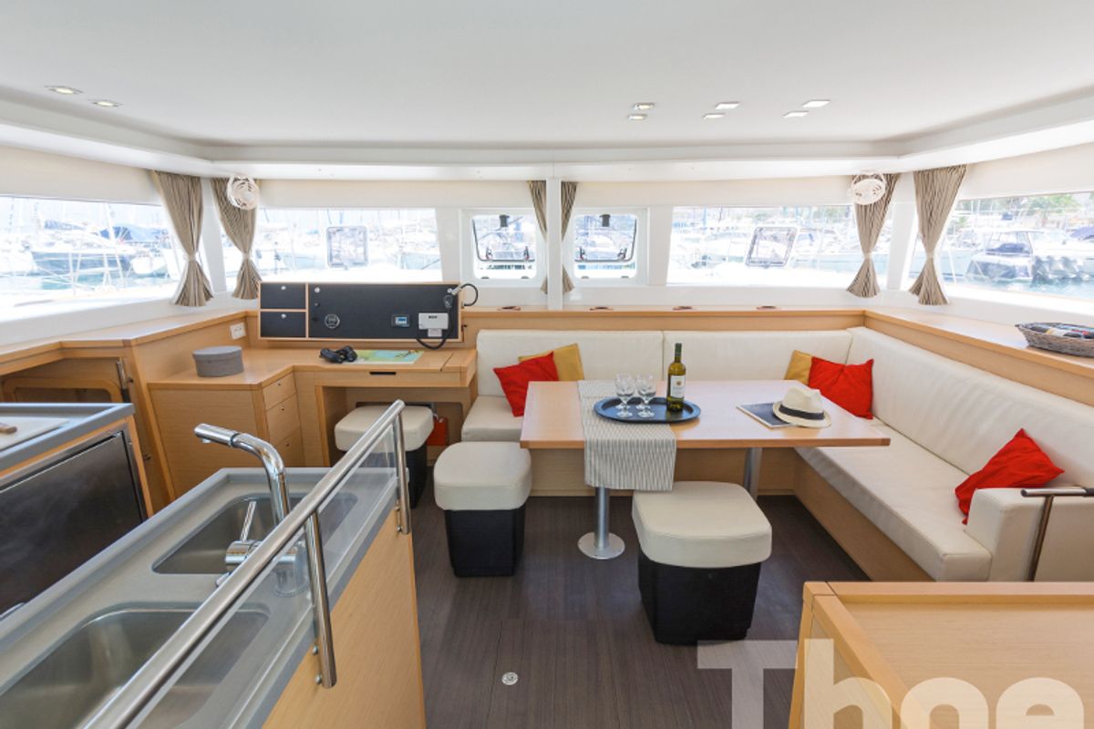 Salon of Thoe, a Lagoon 450 Fly catamaran at Kos, Greece
