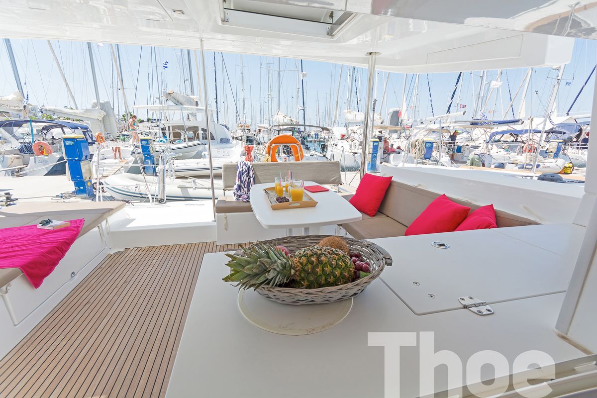 Deck of Thoe, a Lagoon 450 Fly catamaran at Kos, Greece