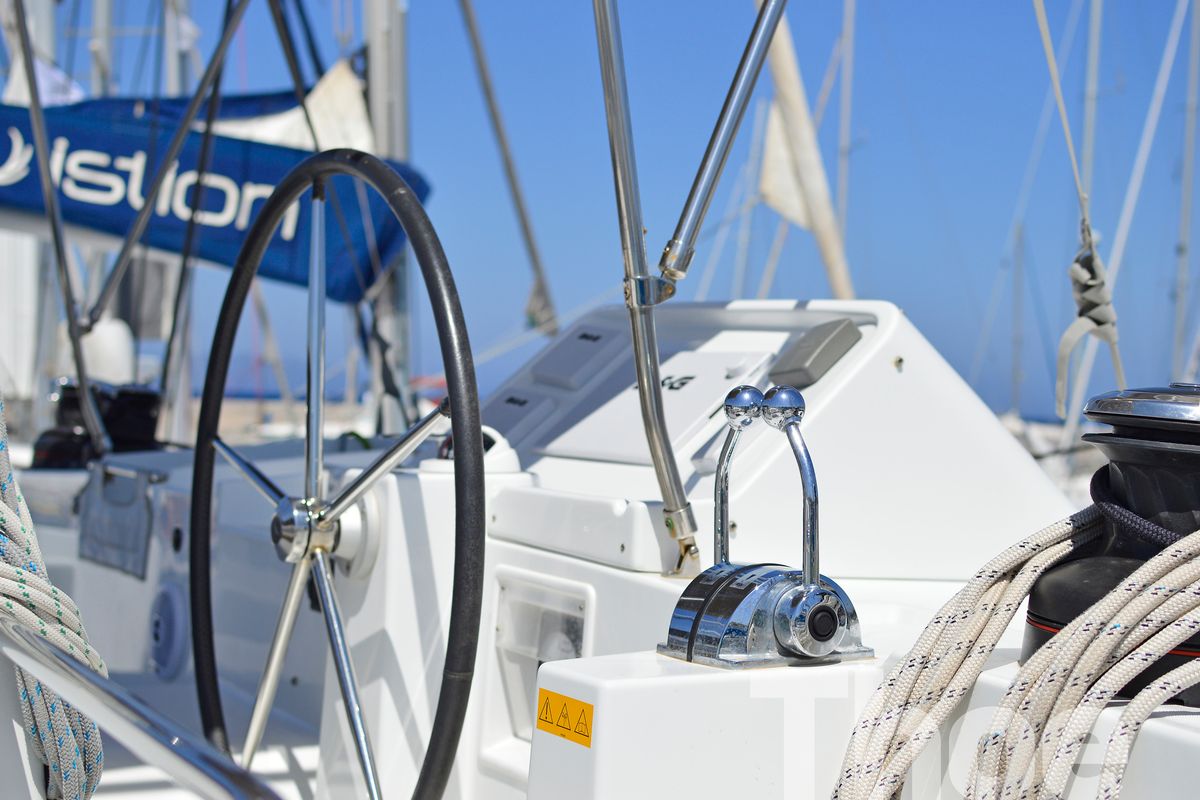 Cockpit of Thoe, a Lagoon 450 Fly catamaran at Kos, Greece