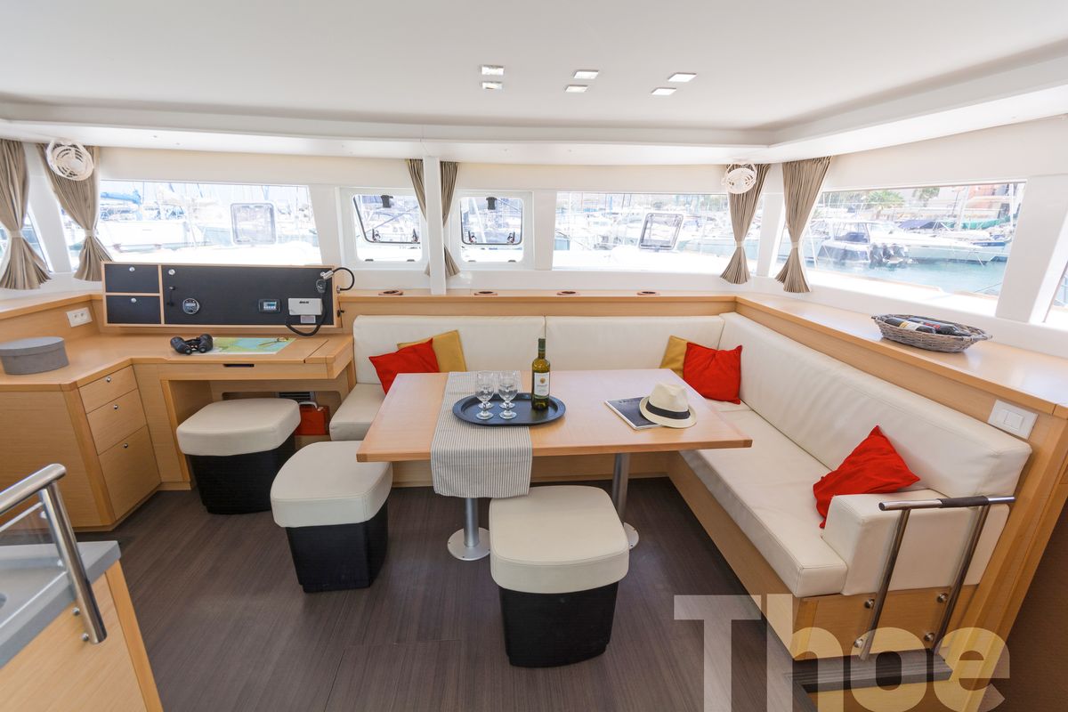 Salon of Thoe, a Lagoon 450 Fly catamaran at Kos, Greece