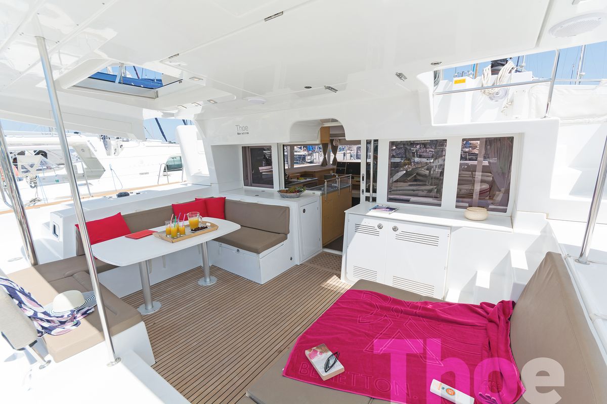 Deck of Thoe, a Lagoon 450 Fly catamaran at Kos, Greece