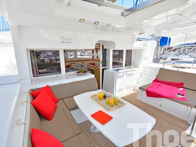 Deck of Thoe, a Lagoon 450 Fly catamaran at Kos, Greece