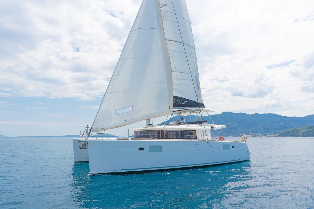 Exterior view of Thoe, a Lagoon 450 Fly catamaran at Kos, Greece