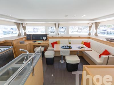 Salon of Thoe, a Lagoon 450 Fly catamaran at Kos, Greece