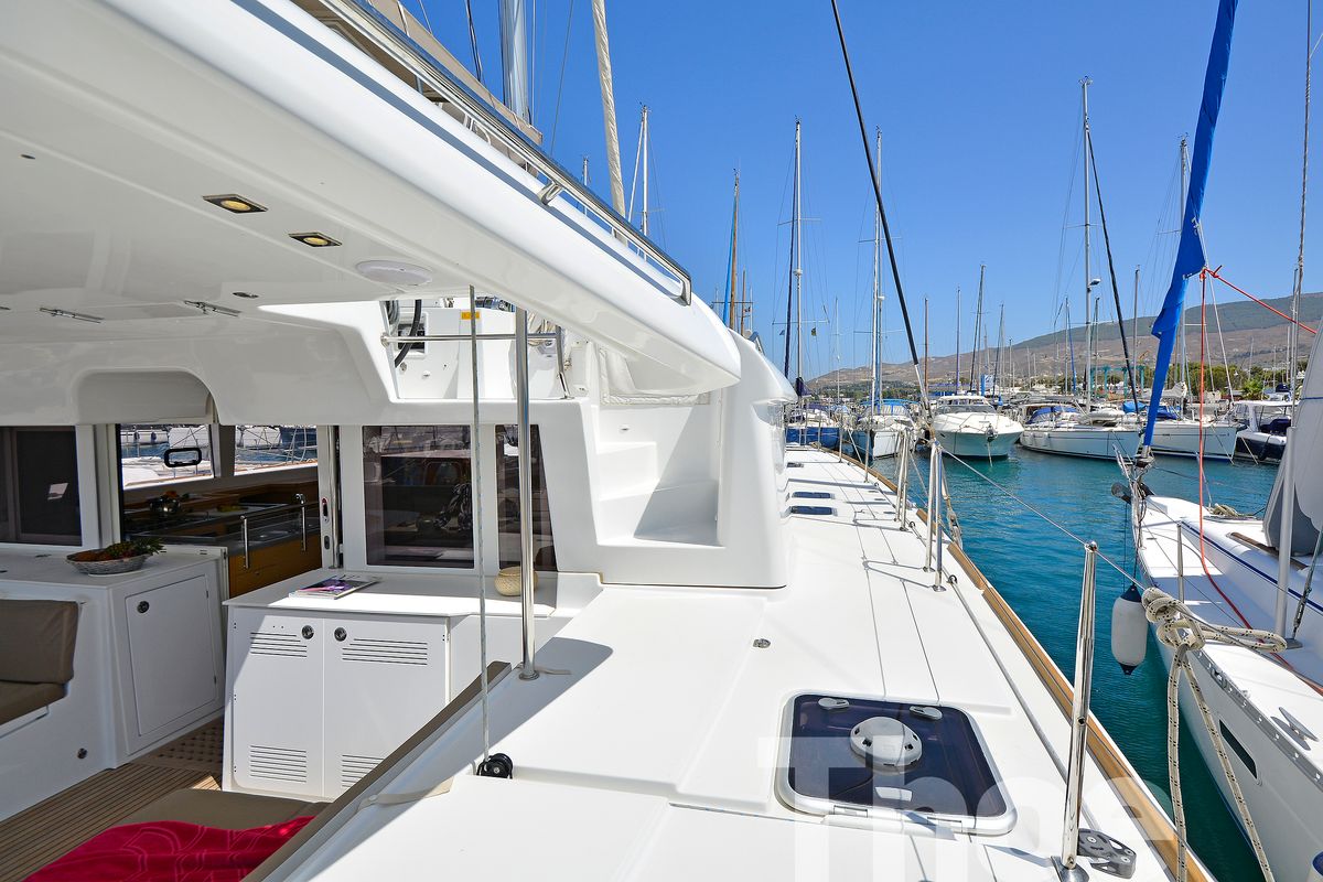 Deck of Thoe, a Lagoon 450 Fly catamaran at Kos, Greece