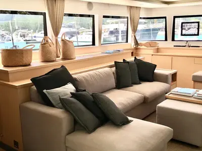 Salon of Reverie Infinie, a Lagoon 620 catamaran at Eden Island Marina, Seychelles