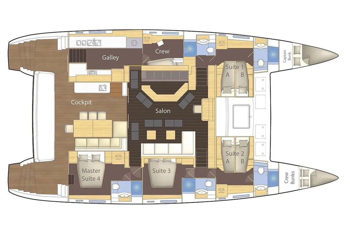 Floor plan of Reverie Infinie, a Lagoon 620 catamaran at Eden Island Marina, Seychelles