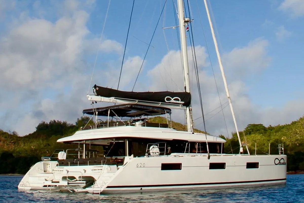 Exterior view of Reverie Infinie, a Lagoon 620 catamaran at Eden Island Marina, Seychelles