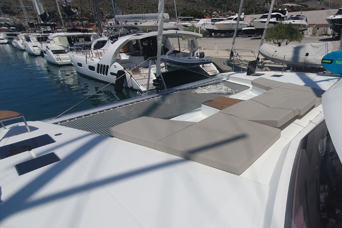 Deck of SUNRISE, a Fountaine Pajot Aura 51 catamaran at Seget Donji, Croatia
