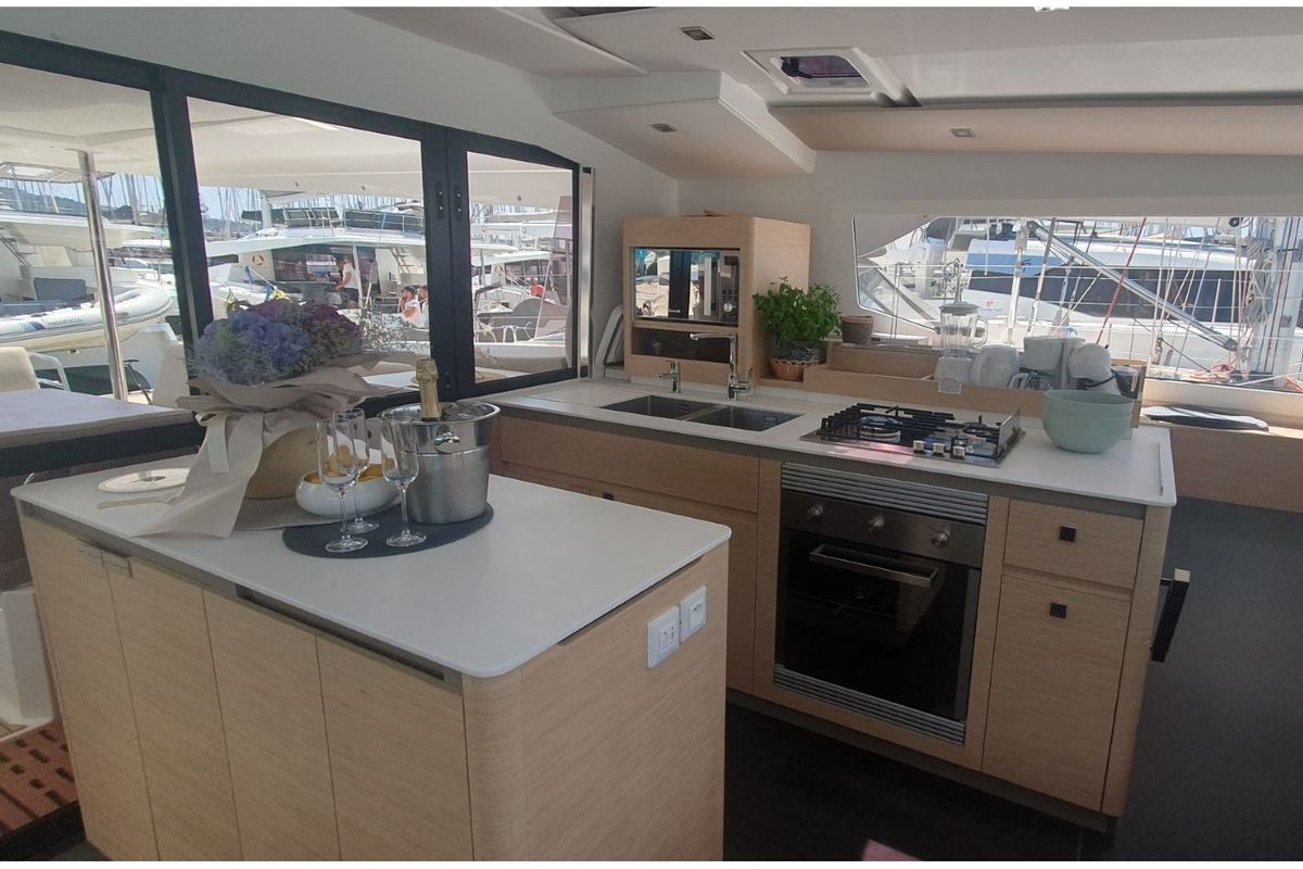 Galley of SUNRISE, a Fountaine Pajot Aura 51 catamaran at Seget Donji, Croatia