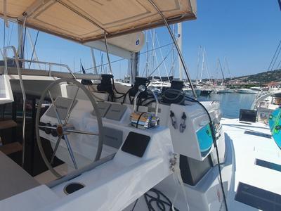 Cockpit of SUNRISE, a Fountaine Pajot Aura 51 catamaran at Seget Donji, Croatia