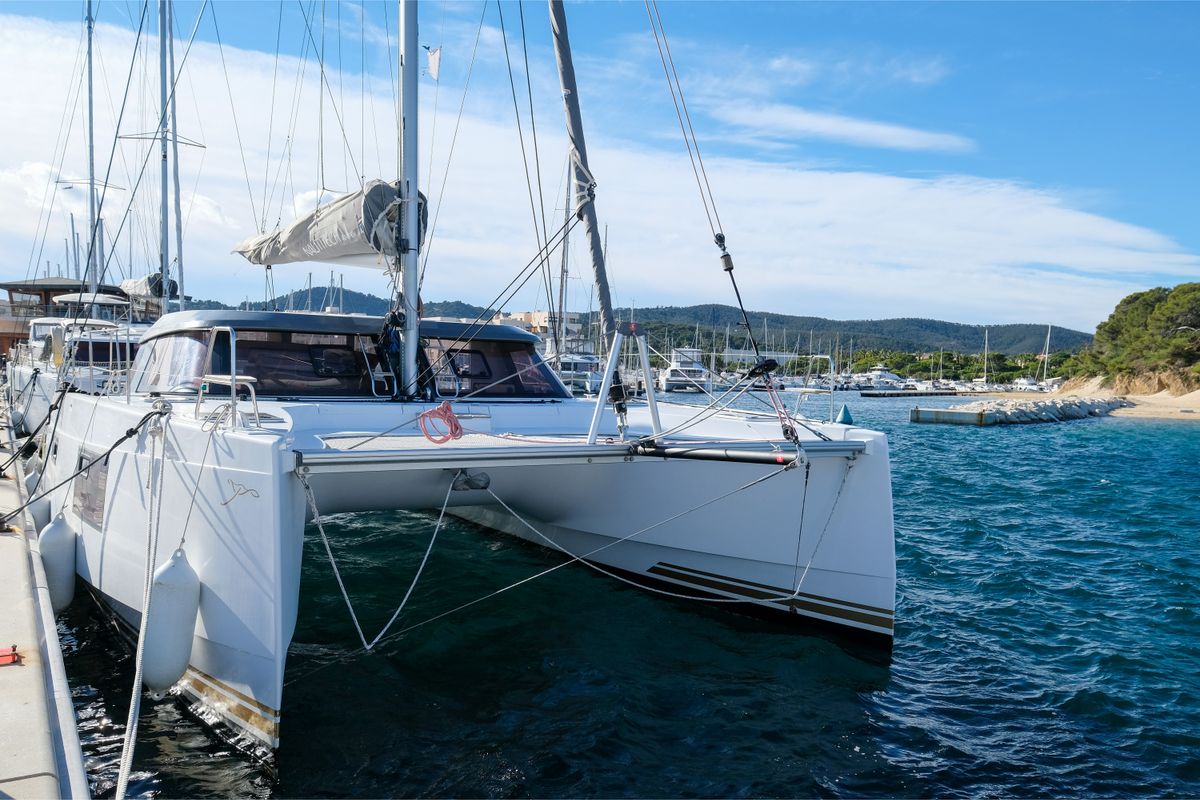 Exterior view of Grelots, a Nautitech 40 Open catamaran at Hyères, France