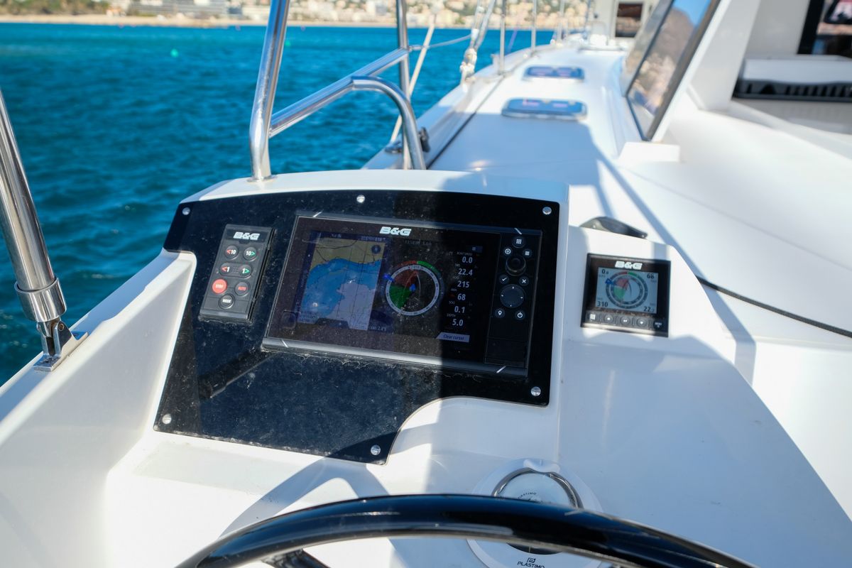 Cockpit of Grelots, a Nautitech 40 Open catamaran at Hyères, France