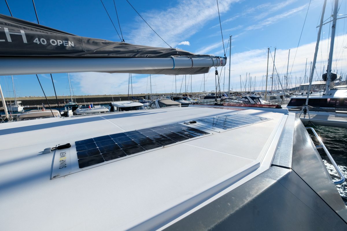 Deck of Grelots, a Nautitech 40 Open catamaran at Hyères, France