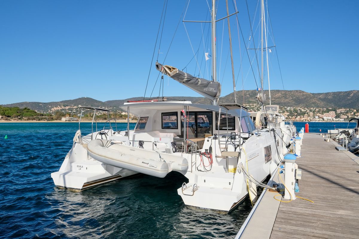 Exterior view of Grelots, a Nautitech 40 Open catamaran at Hyères, France