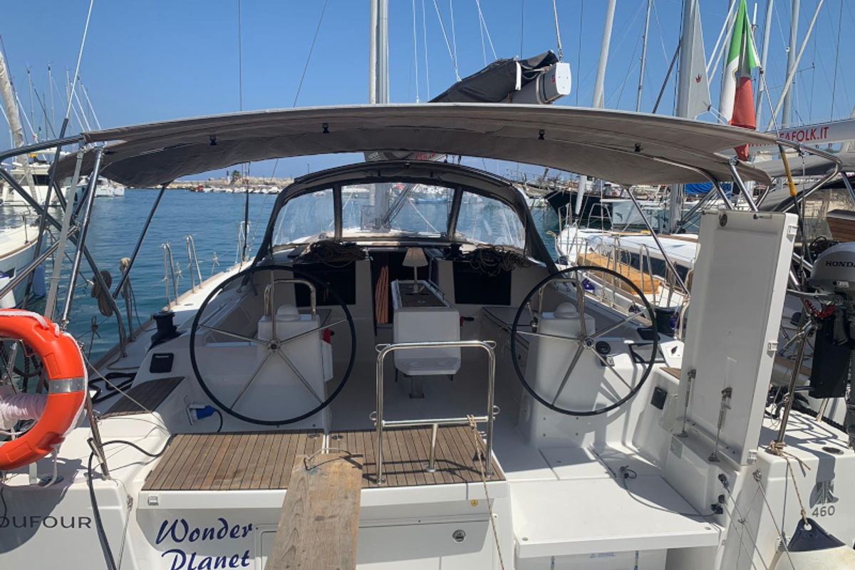 Cockpit of Wonder Planet, a Dufour 460 Grand Large sailboat at Tonnarella, Italy