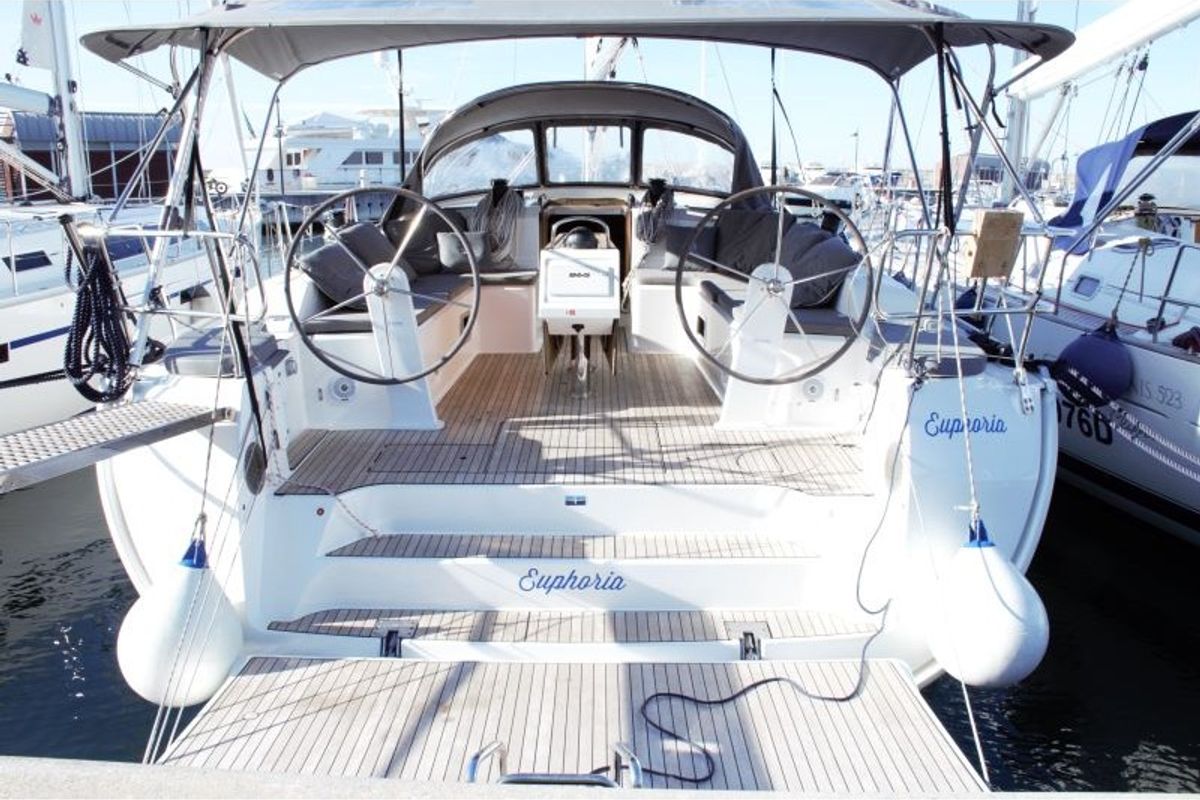 Cockpit of Euphoria, a Bavaria Cruiser 51 sailboat at Castellammare di Stabia, Italy