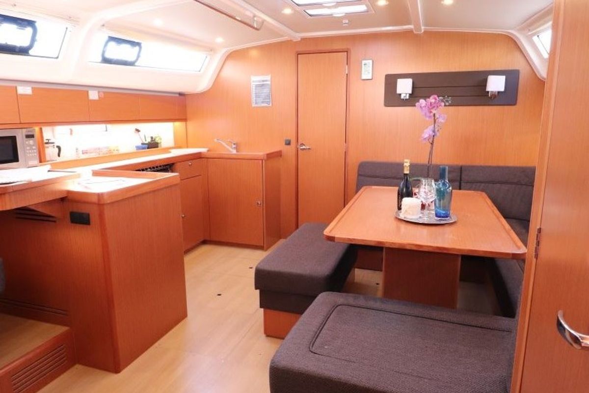 Salon of Euphoria, a Bavaria Cruiser 51 sailboat at Castellammare di Stabia, Italy
