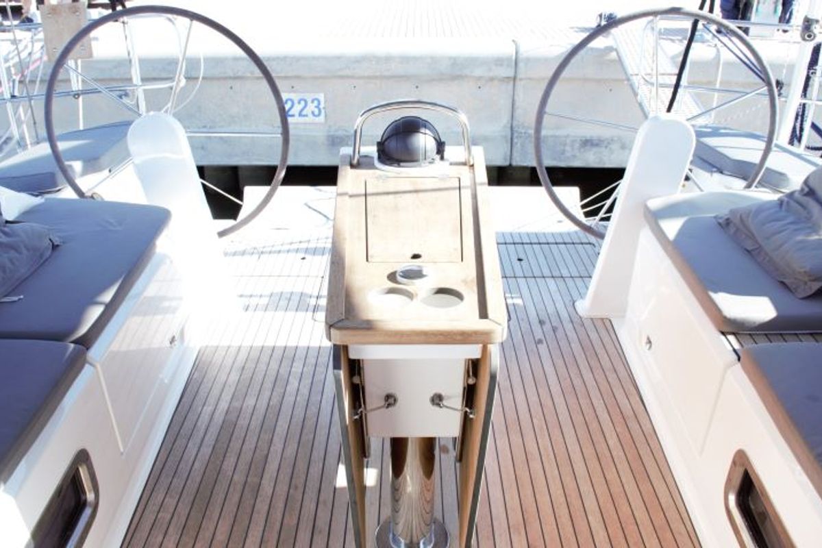 Cockpit of Euphoria, a Bavaria Cruiser 51 sailboat at Castellammare di Stabia, Italy