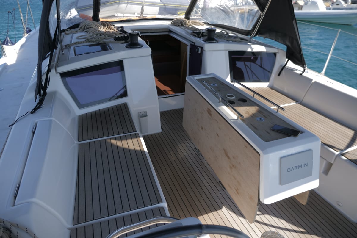 Deck of Bloody Mary, a Dufour 430 sailboat at Milazzo, Italy