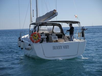 Exterior view of Bloody Mary, a Dufour 430 sailboat at Milazzo, Italy