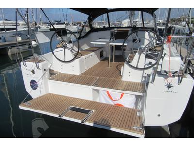 Cockpit of Euforica, a Jeanneau Sun Odyssey 380 sailboat at San Vincenzo, Italy