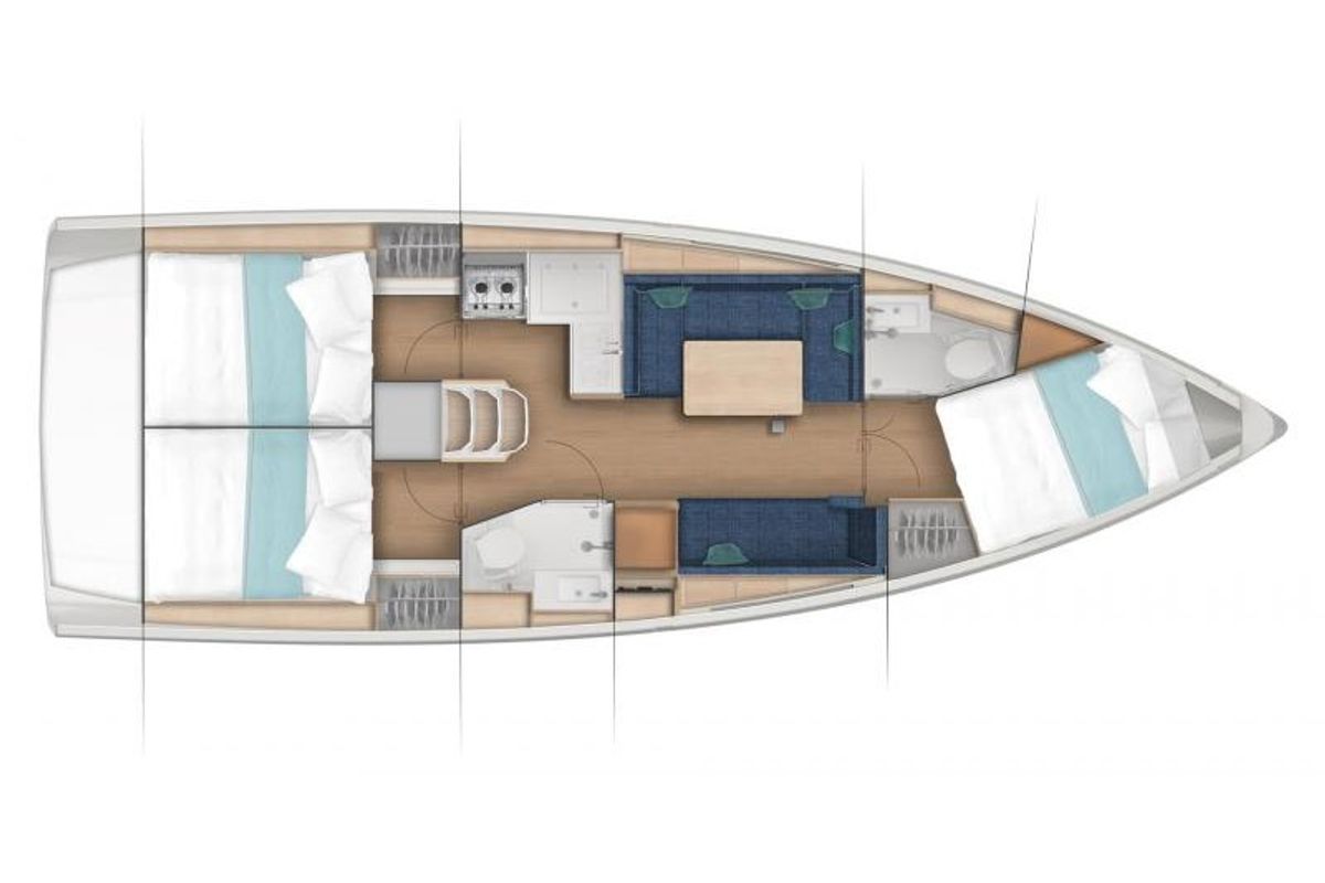 Floor plan of Euforica, a Jeanneau Sun Odyssey 380 sailboat at San Vincenzo, Italy