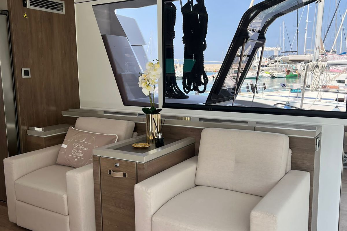 Salon of Virginia, a Bali 5.4 catamaran at Olbia, Italy