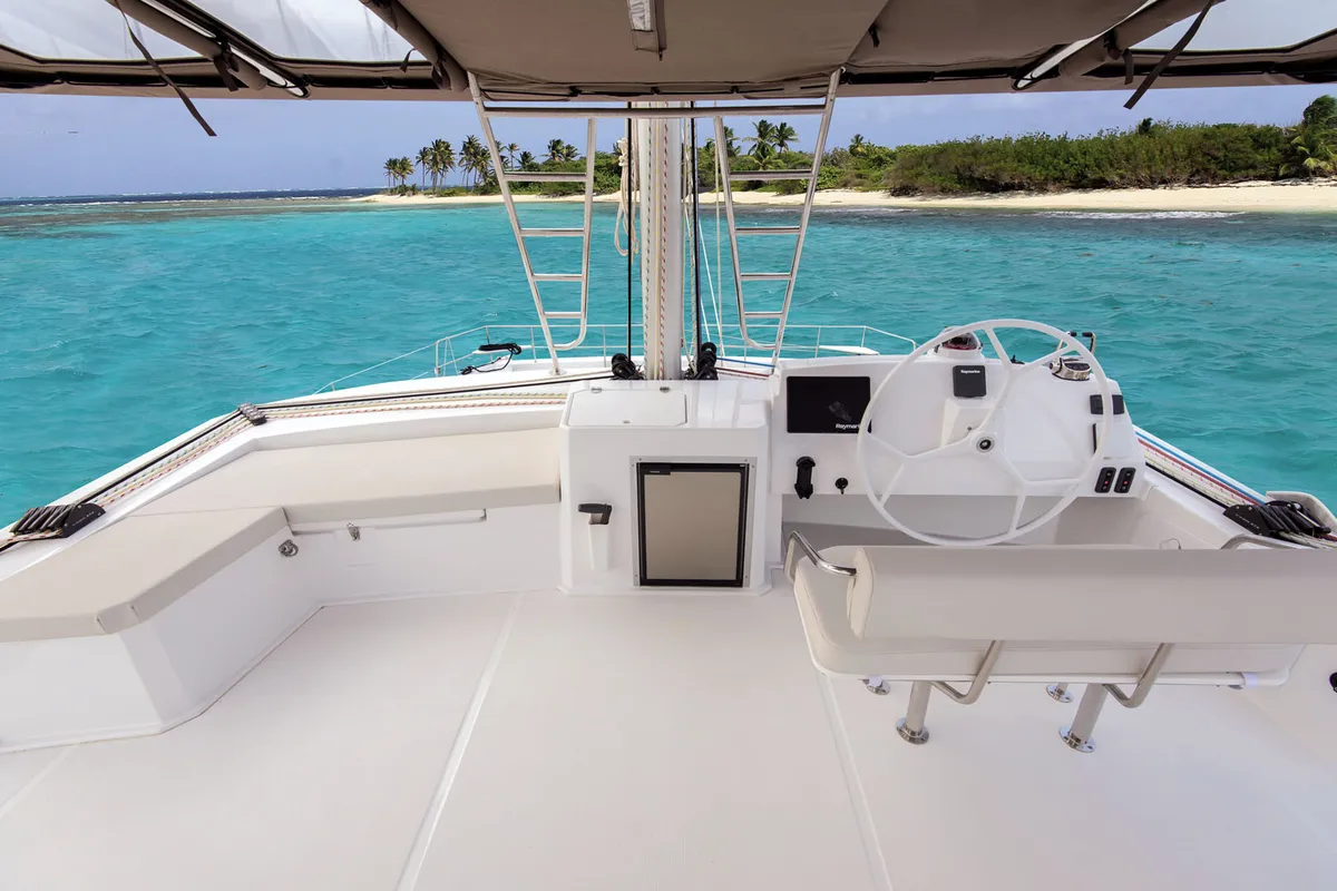 Cockpit of Virginia, a Bali 5.4 catamaran at Olbia, Italy