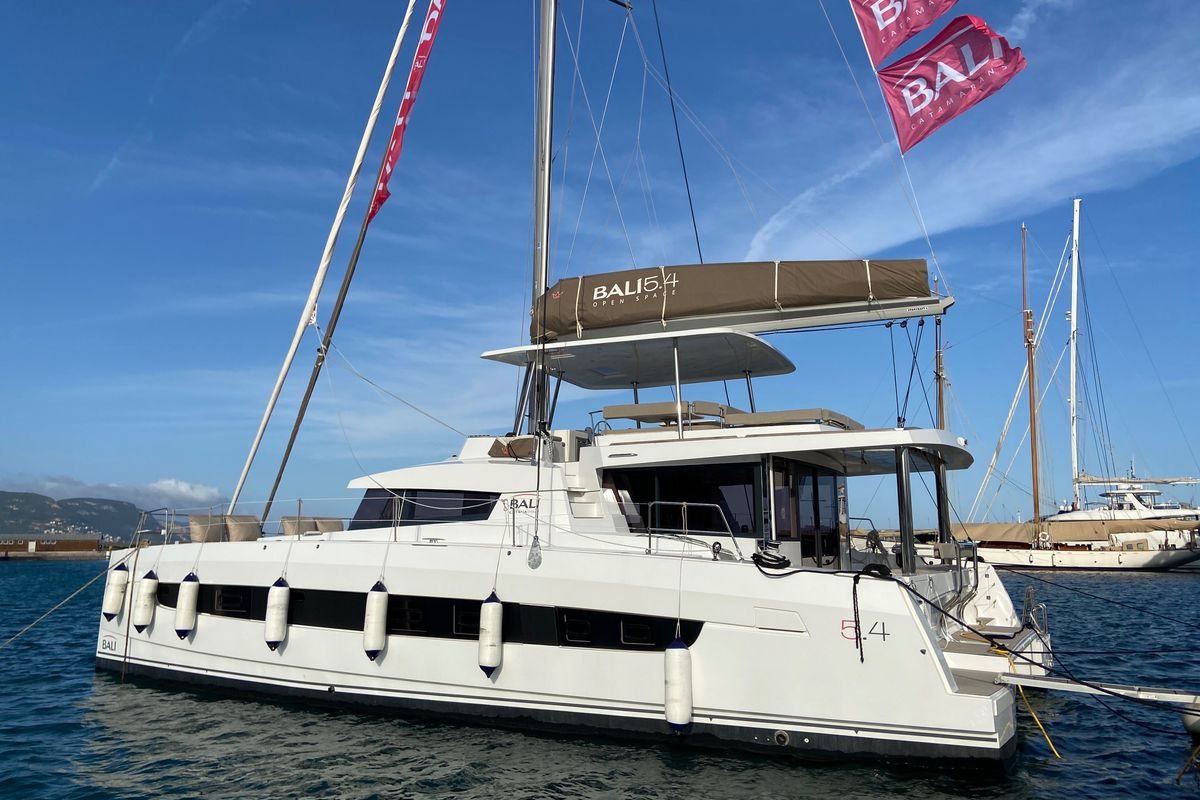 Exterior view of Virginia, a Bali 5.4 catamaran at Olbia, Italy
