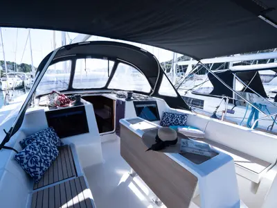Cockpit of Cygnus, a Dufour 460 Grand Large sailboat at Grad Pula, Croatia