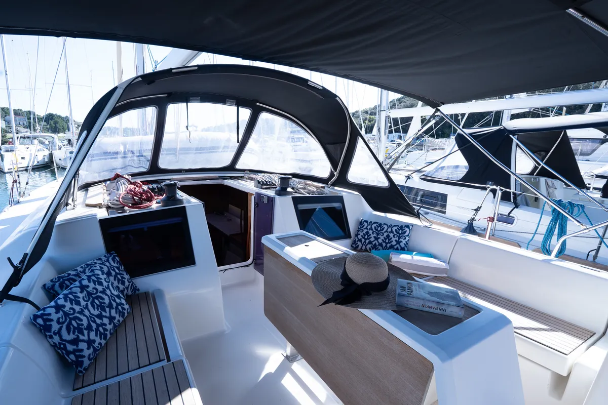 Cockpit of Cygnus, a Dufour 460 Grand Large sailboat at Grad Pula, Croatia