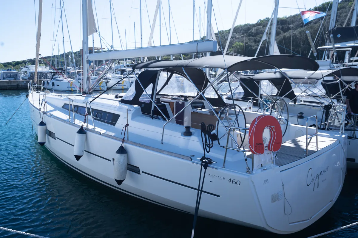 Exterior view of Cygnus, a Dufour 460 Grand Large sailboat at Grad Pula, Croatia