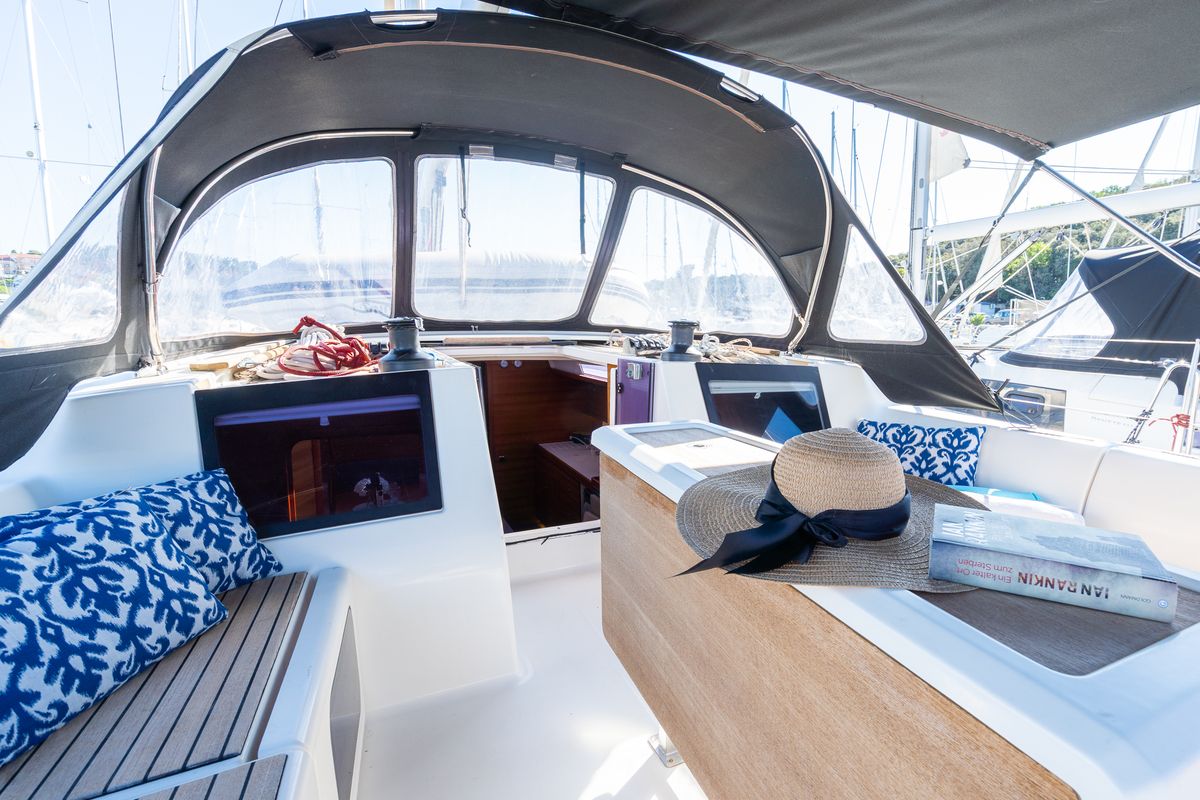 Cockpit of Cygnus, a Dufour 460 Grand Large sailboat at Grad Pula, Croatia
