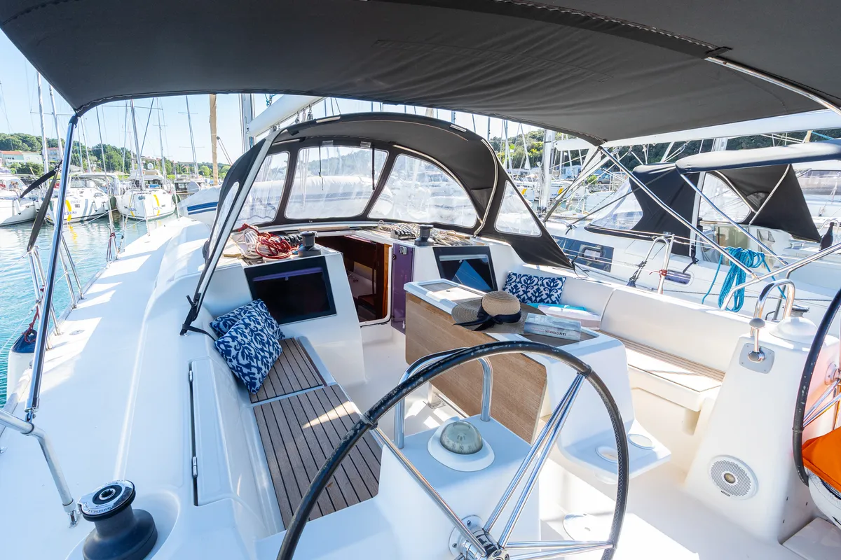 Cockpit of Cygnus, a Dufour 460 Grand Large sailboat at Grad Pula, Croatia
