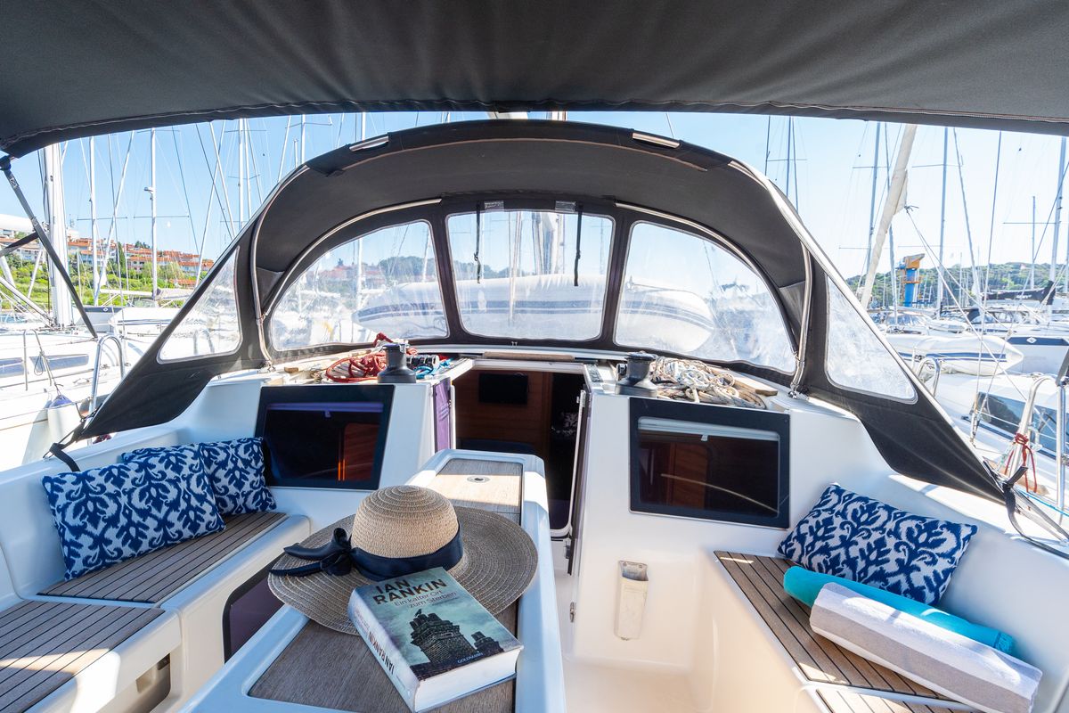 Cockpit of Cygnus, a Dufour 460 Grand Large sailboat at Grad Pula, Croatia